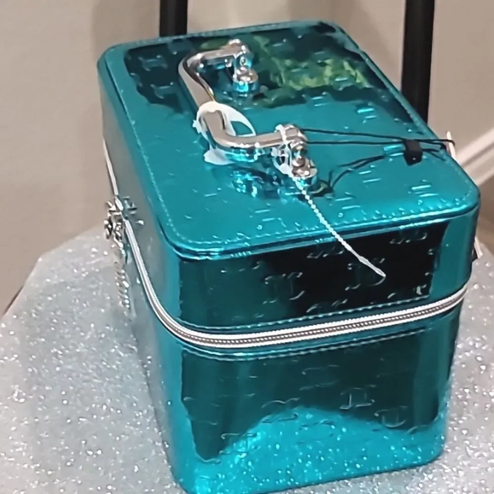 Juicy Couture JC‎ Logo Metallic Cosmetic Traincase w/Brush Holder- Aqua